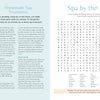 Two pages: The left page offers homemade spa tips with sandals and a towel in the corner; the right page features a beach-themed word search titled Spa by the Sea, set against a light blue, coastal design—an inviting highlight from MindfulMoments Word Search Coastal Escape by Schiffer Publishing, Ltd., featuring relaxing seaside puzzles.