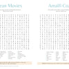 Two coastal word-search puzzles from the MindfulMoments Word Search Coastal Escape by Schiffer Publishing, Ltd. sit side by side—each featuring a grid of letters, handy word lists below, and interesting fun facts at the bottom. The light, clean page design makes these perfect for fans of mindful moments puzzle books or anyone looking to unwind with relaxing beach-themed challenges.