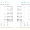 Two word searches from the MindfulMoments Word Search Coastal Escape by Schiffer Publishing, Ltd. sit side by side, titled Coastal Style and Sun Protection. Each puzzle features a grid of letters with word lists below, inviting you to unwind and enjoy mindful activity. The page is decorated with soft blue and beige accents for a soothing beach-themed vibe. Helpful sun safety tips about hats and sunscreen are thoughtfully included at the bottom.