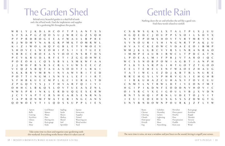 Two word-search puzzles, The Garden Shed and Gentle Rain, appear with themed word lists beneath each grid on a white background featuring purple headings and soft brown accents—an ideal mindfulness activity from Schiffer Publishing, Ltd.’s faith-inspired puzzle book MindfulMoments Word Search Inspired Living.