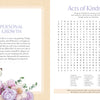 Explore two pages from MindfulMoments Word Search Inspired Living by Schiffer Publishing, Ltd. The left page, adorned with butterflies and flowers, offers pastel-themed reflections on personal growth and encourages mindful moments throughout your journey. On the right page, enjoy an Acts of Kindness word-search puzzle alongside a prompt inviting you to create your own acts of kindness.