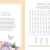 Left page: Uplifting text about peace, adorned with flowers and a butterfly, invites mindful moments; right page displays a Baking Day word-search puzzle with the word list beneath—all set against soft pastel hues in *MindfulMoments Word Search Inspired Living* by Schiffer Publishing, Ltd.