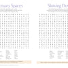 Two word-search puzzles from Schiffer Publishing, Ltd.’s MindfulMoments Word Search Inspired Living—titled Sanctuary Spaces and Slowing Down—are displayed side by side, encouraging thoughtful reflection. Each puzzle features a themed word list beneath its title and easy-to-follow instructions at the bottom of the page, making this an ideal addition to any faith-inspired puzzle collection.