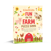 The KindKids Fun on the Farm Puzzle Book cover features a red barn, flowers, and farm animals, offering 100 activities including word searches, crosswords, and word scrambles for kids who love farm puzzles.