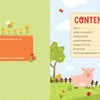 An open KindKids Fun on the Farm Puzzle Book with a This Book Belongs To page featuring a cartoon pony and bee, and a contents page listing sections like word scrambles, crosswords, and word searches.