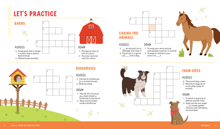 A KindKids Fun on the Farm Puzzle Book page featuring crosswords about barns and animals, illustrated with a red barn, a horse, a bird in a nesting box, a dog, and a puppy.