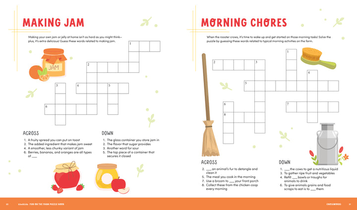Two side-by-side farm puzzle pages from the KindKids Fun on the Farm Puzzle Book titled Making Jam and Morning Chores, featuring illustrated icons of a jam jar, fruit, a scrubbing brush, a broom, and a milk pail.