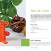 A handmade orange felt tiger stands on a white surface near a woven ball and green leaves. The page showcases "Sewing Simple Softies with 17 Amazing Designers" by Schiffer Publishing, Ltd., featuring sewing instructions and a materials list.