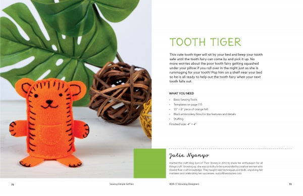 A handmade orange felt tiger stands on a white surface near a woven ball and green leaves. The page showcases "Sewing Simple Softies with 17 Amazing Designers" by Schiffer Publishing, Ltd., featuring sewing instructions and a materials list.