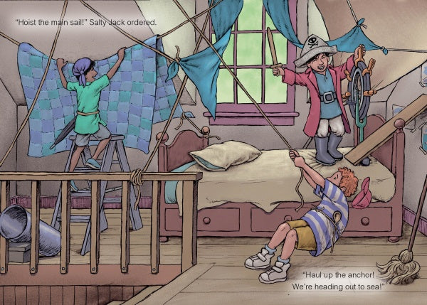 In "The Bossy Pirate" by Schiffer Publishing, Ltd., three kids transform an attic bedroom into a pirate ship—one leads as captain from the bed, while others raise a quilt sail and tug a rope, creating a playful scene ideal for children’s picture books.