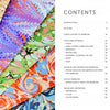 On the left, vibrant marbled papers with swirled patterns from *Marbling* by Schiffer Publishing, Ltd. overlap, while a clean, modern contents page with book chapters appears on the right.