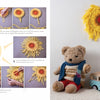 A step-by-step guide from “Weave It!” by Schiffer Publishing, Ltd. is shown on the left page, while on the right, a finished sun weaving hangs above a teddy bear and toy van on a white surface.