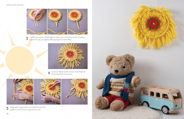 A step-by-step guide from “Weave It!” by Schiffer Publishing, Ltd. is shown on the left page, while on the right, a finished sun weaving hangs above a teddy bear and toy van on a white surface.