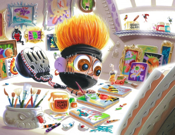 A cartoon character with spiky orange hair and a black mask creates vibrant art in a cluttered studio, surrounded by paintings and brushes—a scene inspired by The Sweet Rot, Book 2 from Schiffer Publishing, Ltd.
