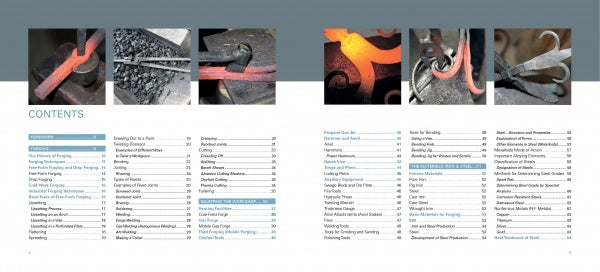 An open copy of "The Book of Forging" by Schiffer Publishing, Ltd. reveals its table of contents, showing forging techniques and page numbers, with images of heated metalwork and blacksmith tools above the text on both pages.