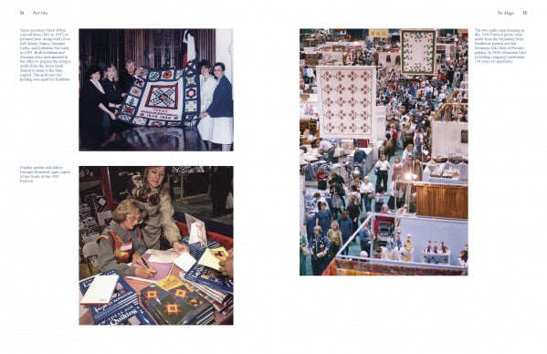 A collage of three photos: people holding a handmade quilt, a woman and child signing Magic & Memories by Schiffer Publishing, Ltd., and the lively International Quilt Festival hall celebrating the quilting community.