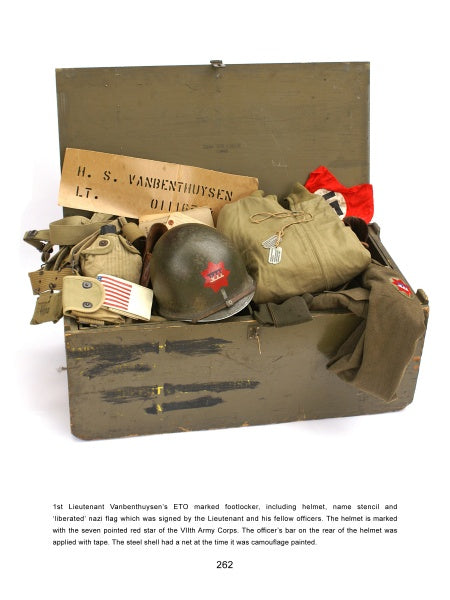 The M-1 Helmet of the World War II GI by Schiffer Publishing, Ltd. showcases GI gear: a helmet, uniform, belt, gloves, a name stencil for Lt. H.S. Vanbenthuyseyn, a folded American flag, and a Nazi armband, evoking authentic combat history.