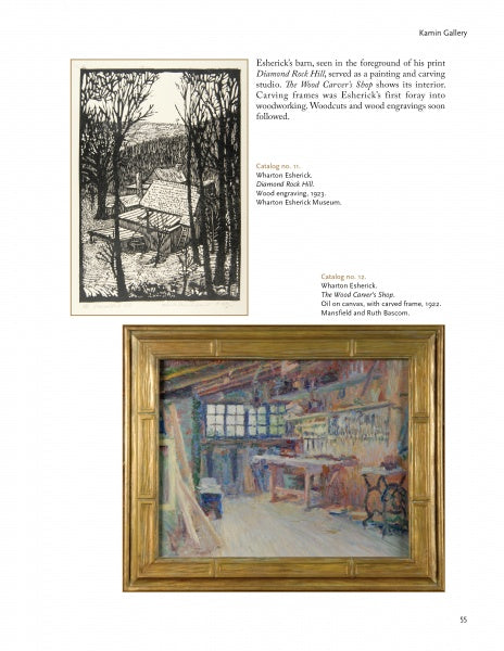 Above a vibrant painting of a barn’s interior, a black-and-white winter barn print nods to Wharton Esherick’s impact on American Modernism in "Wharton Esherick and the Birth of the American Modern" by Schiffer Publishing, Ltd. Captions share artist details.