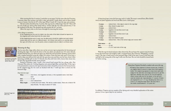 The two-page spread from Weaving Shaker Rugs by Schiffer Publishing, Ltd. features text, section headings, instructions, a sidebar, and a photo of woven fabric with a ruler—all on a light background with subtle color blocks and recipe-style bullet points.