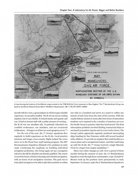 A black-and-white map from Schiffer Publishing, Ltd.’s "Death from Above" depicts Army Air Corps maneuver stations and flight paths, including the 7th Bombardment Group, in the northeastern U.S. during May 1938 exercises, with text and caption below.