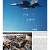 An F/A-18E/F Super Hornet streaks through the sky, firing missiles, while below, workers assemble jets in a busy hangar. Columns of text line the page’s right side. Product: The Boeing F/A-18E/F Super Hornet & EA-18G Growler by Schiffer Publishing, Ltd.