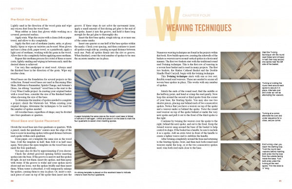 A spread from "Award-Winning Basket Designs" by Schiffer Publishing, Ltd. features the heading “Weaving Techniques,” text on basket weaving, and step-by-step photos showing hands weaving thin strips over a rounded basket base.