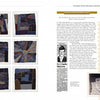 On the left page of World War II Quilts, 2nd Edition by Schiffer Publishing, quilt squares with text and designs appear; the right shows a newspaper clipping, soldier portrait, gold-bordered heading, and folded U.S. flag photo—reflecting patriotic themes.
