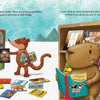An illustrated otter selects a book, while a capybara reads a funny story titled UNTITLED by Schiffer Publishing, Ltd. Animal-themed books, like one on coatimundi, are nearby as snowy mountains rise in the background.