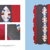 Twisted by Schiffer Publishing, Ltd. is a patchwork quilt with a gray and red background, featuring an arched, oval-shaped diamond pattern of mixed prints and close-ups of detailed quilt stitching in vintage red and gray fabrics.