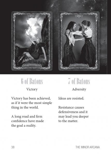 Two Tarot Gothica cards by Schiffer Publishing, Ltd.: the 6 of Batons features a winged, confident figure with a staff; the 7 of Batons shows two women in confrontation—highlighting the deck’s dramatic gothic style.