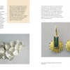 A magazine spread for Schiffer Publishing, Ltd.'s "Mastering Contemporary Jewelry Design" showcases gold and green gemstone earrings, striking organic art, detailed text blocks, and arm exercise diagrams.