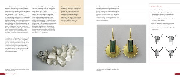 A magazine spread for Schiffer Publishing, Ltd.'s "Mastering Contemporary Jewelry Design" showcases gold and green gemstone earrings, striking organic art, detailed text blocks, and arm exercise diagrams.