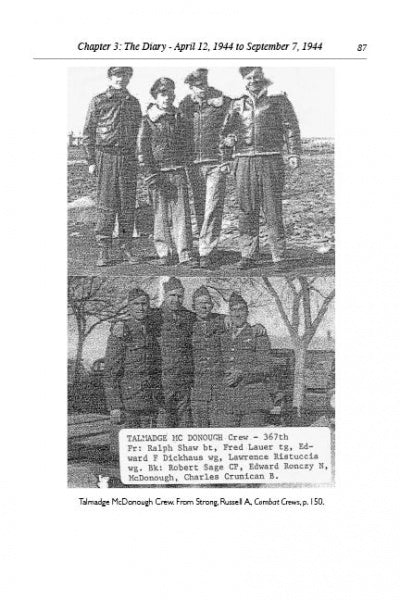 Two black-and-white photos in "The Clay Pigeons" by Schiffer Publishing, Ltd. show the Talmadge McDonough crew of the 367th, with B-17 pilot and airmen in uniform identified in the caption.