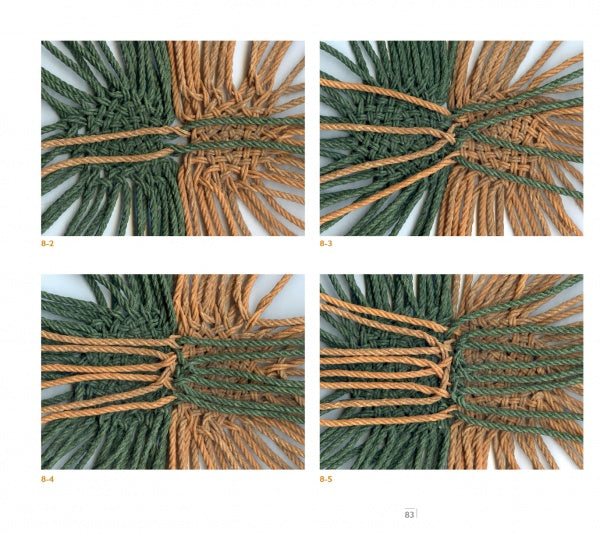 Four close-up images show green and tan cords gradually woven together in a square pattern, step by step, demonstrating Ply-Split Braided Baskets by Schiffer Publishing, Ltd., and highlighting each stage of the interlacing technique.
