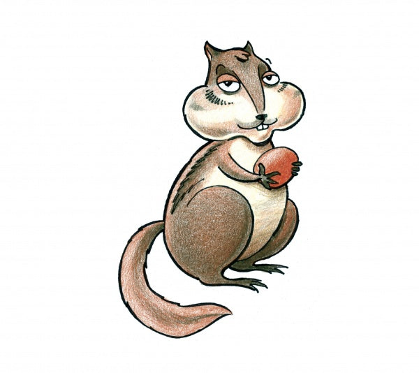 A cartoon chipmunk with puffed cheeks and a sleepy look stands upright holding an acorn, as if pausing during a picture book nature walk. The plain white background highlights the cover of "Are You Sure that Was a Rabbit?" by Schiffer Publishing, Ltd.