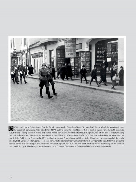 The Leibstandarte in Greece" by Schiffer Publishing, Ltd. features a black-and-white photo of a German soldier, likely from the Leibstandarte SS Adolf Hitler, leading troops through a Greek city street in 1941 as civilians look on.