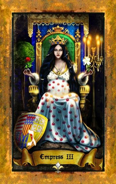 An illustrated card from The Illuminati Tarot by Schiffer Publishing, Ltd. features the Empress—crowned, in a white gown with red dots on a golden throne—holding a rose and scepter amid candles, greenery, and mystical symbols.