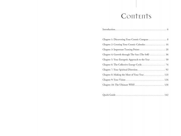 The table of contents for Your Cosmic Compass by Schiffer Publishing, Ltd. lists chapters like Introduction and Creating Your Cosmic Calendar, with page numbers in minimalist black font on a white background for this spiritual guidebook.