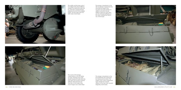 Four close-up photos of the Ford M8 and M20—showing wheels and equipment-filled compartments—surround text about these vehicles, featured in a Schiffer Publishing, Ltd. release on their role in military history.