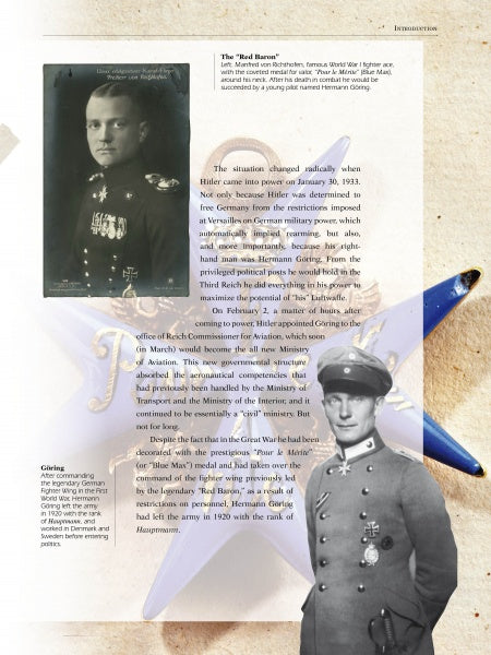 A historical page from "Legion Condor" by Schiffer Publishing, Ltd. features black-and-white portraits of two German soldiers, World War I text, and a faded military medal, evoking early German military aviation roots.