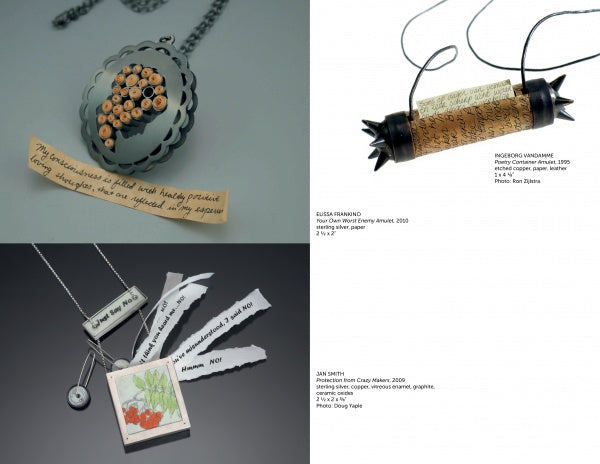 A collage of four "On Body and Soul" jewelry pieces by Schiffer Publishing, Ltd., features handwritten notes, rolled paper pendants, scroll necklaces, and brooches with tags or sketches—each a modern amulet with unique text elements.