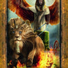 A pharaoh in Egyptian garb stands in a chariot wielding a glowing wand, with a blue-maned lion by his side amid red wings and flames. "Initiate of Wands" appears on the card from The Illuminati Tarot by Schiffer Publishing, Ltd.