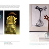 Two open book pages from "Behind the Curtain" by Schiffer Publishing, Ltd. feature photos of unique standing sculptural tools and a sketch. The right page showcases Mary Shaffer's Studio Glass Art using her mid-air slumping technique.
