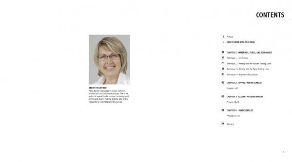 A smiling woman with short blonde hair and glasses wears a white top beside her brief bio. To the right, a table of contents for "From Thread and Wire" (Schiffer Publishing, Ltd.) lists six main sections on crochet and jewelry projects.