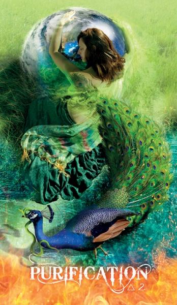 A woman in a green dress holds a glowing orb above green grass, symbolizing spiritual growth. A vibrant peacock stands below, orange flames border the bottom, and "PURIFICATION" appears near the flames. Transformation Oracle by Schiffer Publishing, Ltd.