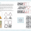 A Meditative Zendoodles spread from Schiffer Publishing, Ltd. displays step-by-step diagrams that guide drawing spiral geometric patterns in triangles and squares, using colored lines for a relaxing experience. Instructions are on the left side.