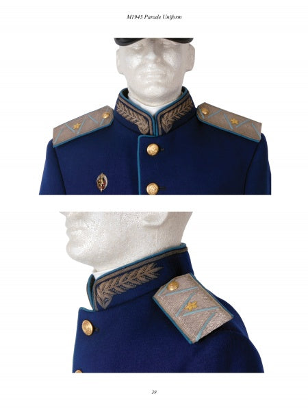 Mannequin wearing a blue Soviet military parade uniform with gold buttons, leaf-embroidered collar, and blue epaulets with gold insignia, inspired by "World War II Parade Uniforms of the Soviet Union • Vol.2" by Schiffer Publishing, Ltd.