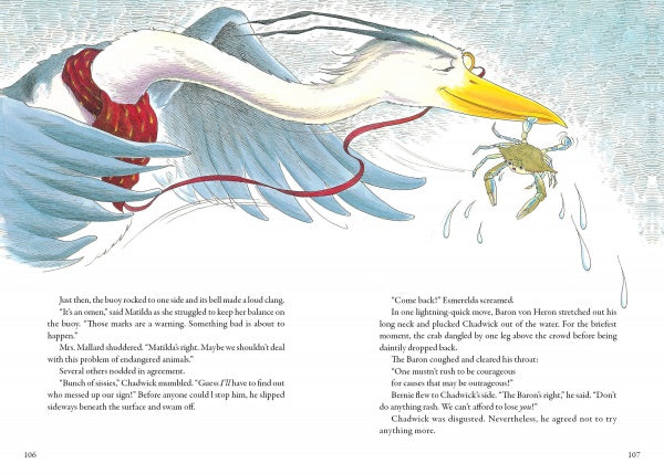 A large bird with a yellow beak flies over Chesapeake Bay, holding Chadwick the Crab by a red ribbon. The surprised crab dangles from the ribbon. Text from "A Chadwick Treasury" by Schiffer Publishing, Ltd. appears on both pages.