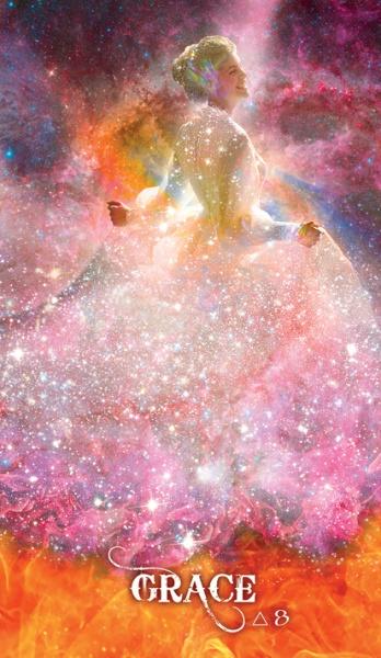A luminous figure in a starry dress stands before vibrant cosmic clouds, symbolizing spiritual growth. "GRACE" and the number 8 appear below. From the Transformation Oracle by Schiffer Publishing, Ltd.