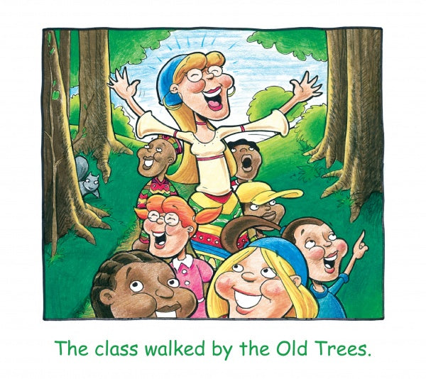 A cheerful teacher guides excited kids on a forest walk by tall, old trees. Text: The class walked by the Old Trees in "Are You Sure that Was a Rabbit?" from Schiffer Publishing, Ltd., an early reader picture book.